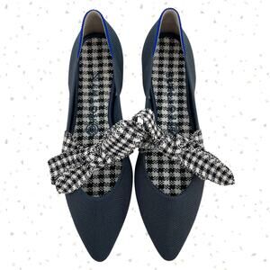 Rothy’s Navy Ink Gingham Bow Mary Janes Blue Point Flat Shoes Vegan Sole 8.5 NEW